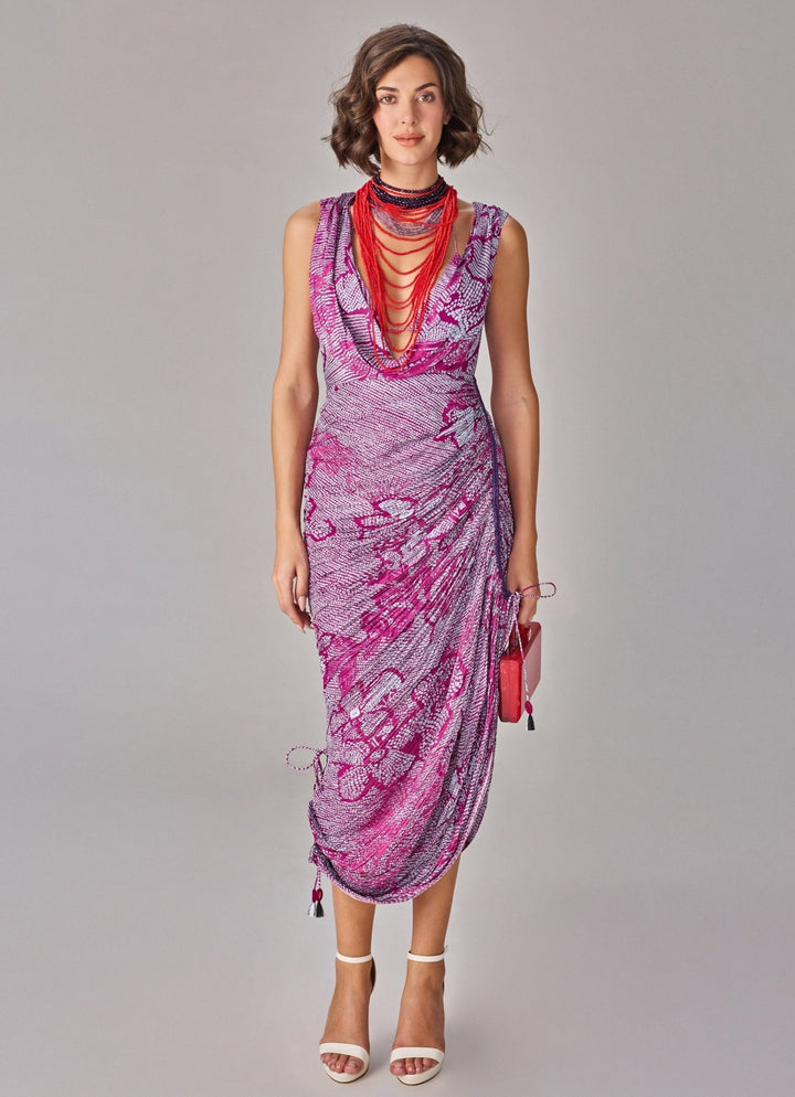 Purple Bandhani Print Cowl Neck Dress Saaksha &amp; Kinni - Fabilicious Fashion