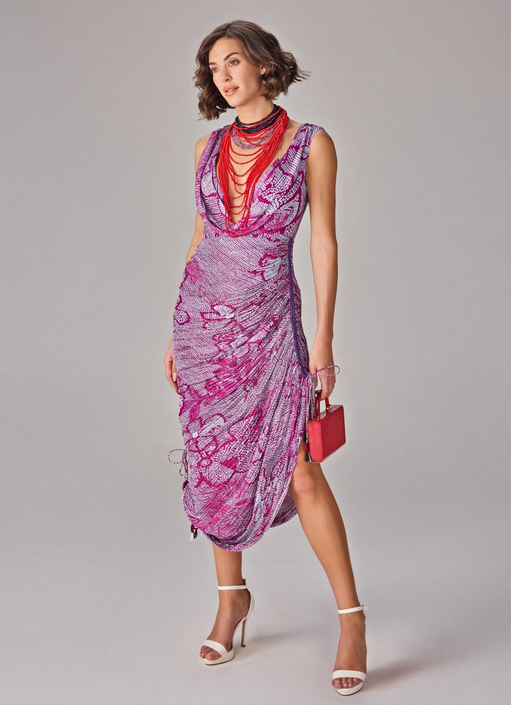 Purple Bandhani Print Cowl Neck Dress Saaksha &amp; Kinni - Fabilicious Fashion