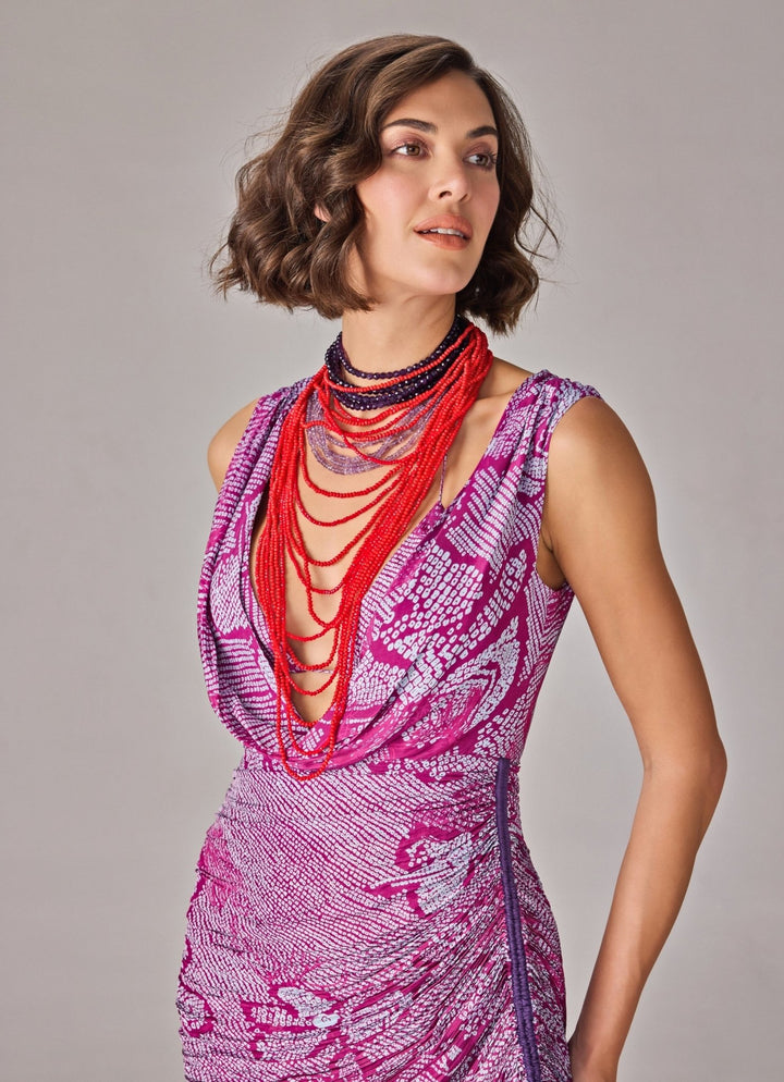 Purple Bandhani Print Cowl Neck Dress Saaksha &amp; Kinni - Fabilicious Fashion