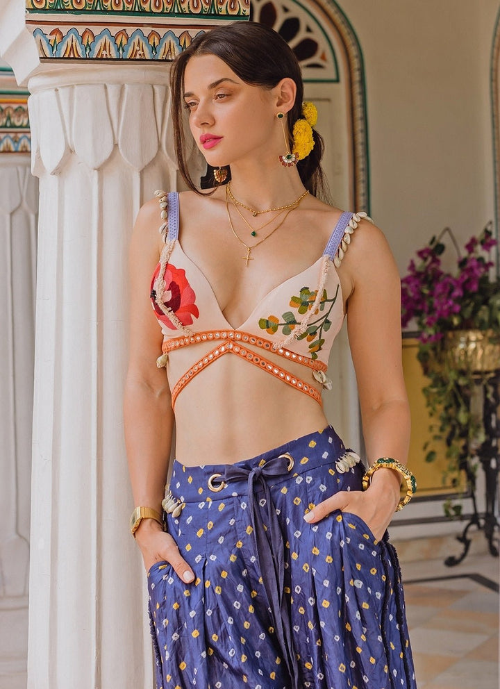 The Little Black Bow Purple Bandhani Silk Pants Set With Soft Peach BraletteFabilicious Fashion