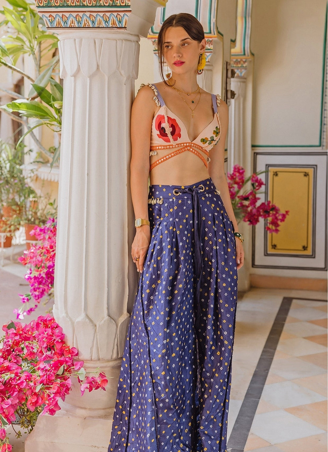 The Little Black Bow Purple Bandhani Silk Pants Set With Soft Peach BraletteFabilicious Fashion