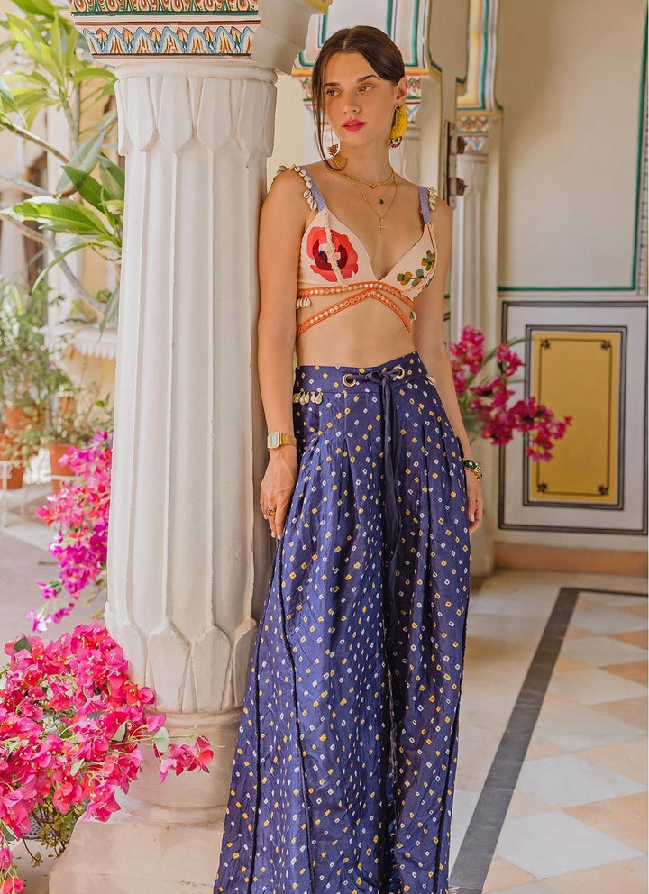 The Little Black Bow Purple Bandhani Silk Pants Set With Soft Peach BraletteFabilicious Fashion