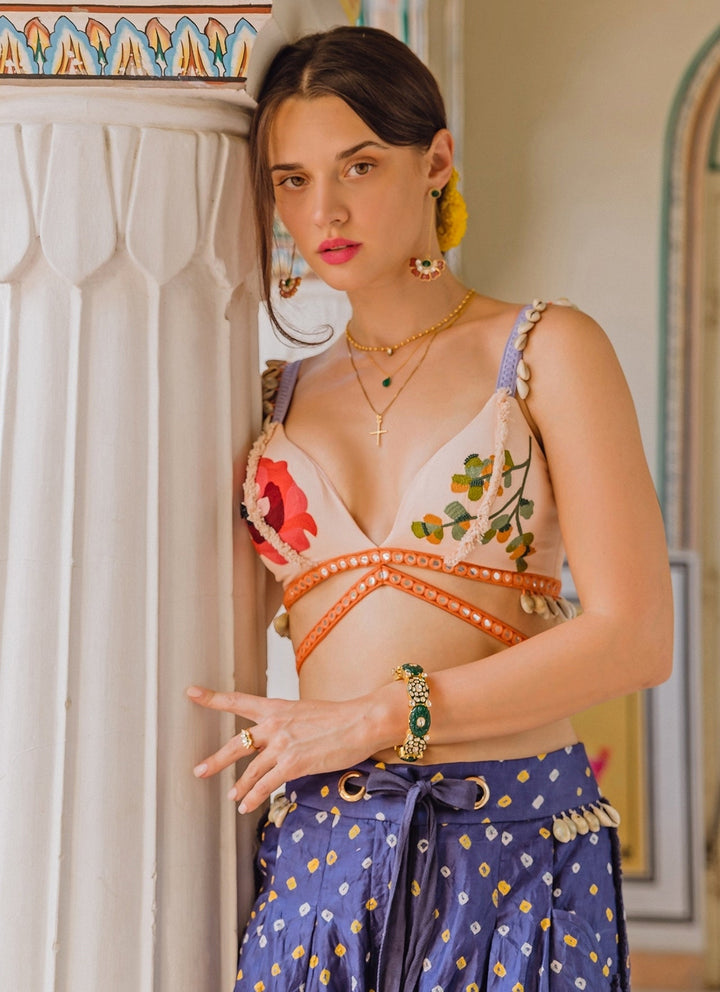 The Little Black Bow Purple Bandhani Silk Pants Set With Soft Peach BraletteFabilicious Fashion