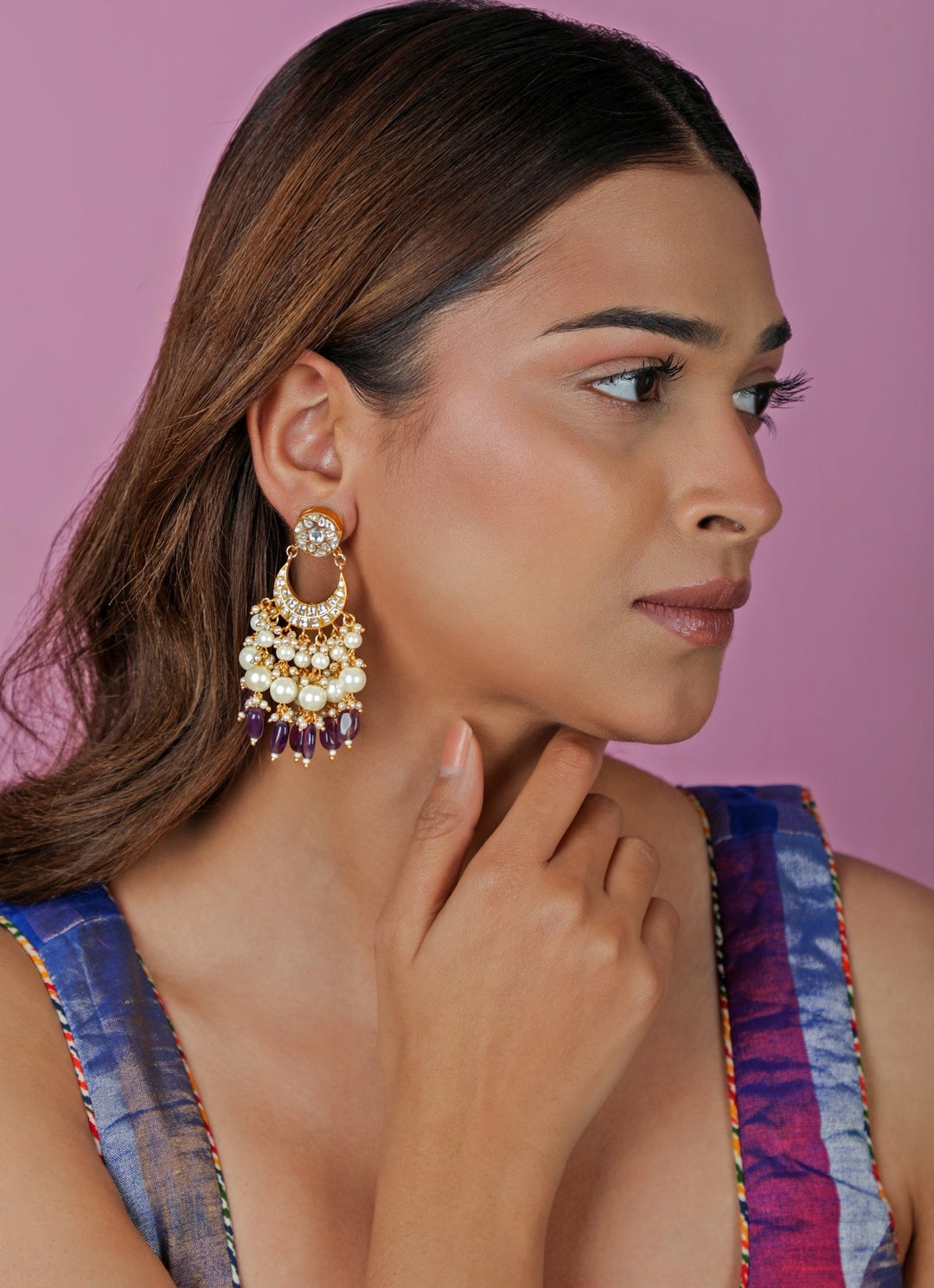 Purple Beaded Matte Gold Chandbaali Earrings Riana Jewellery - Fabilicious Fashion