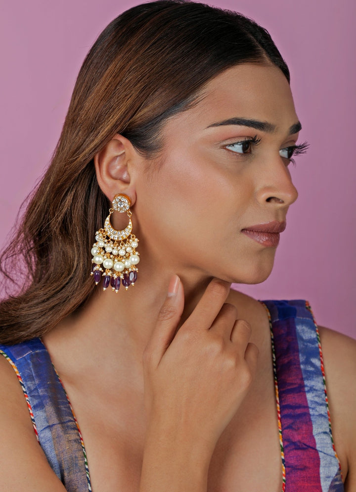 Purple Beaded Matte Gold Chandbaali Earrings Riana Jewellery - Fabilicious Fashion