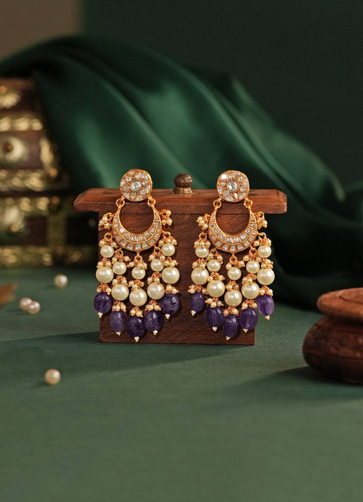 Purple Beaded Matte Gold Chandbaali Earrings Riana Jewellery - Fabilicious Fashion