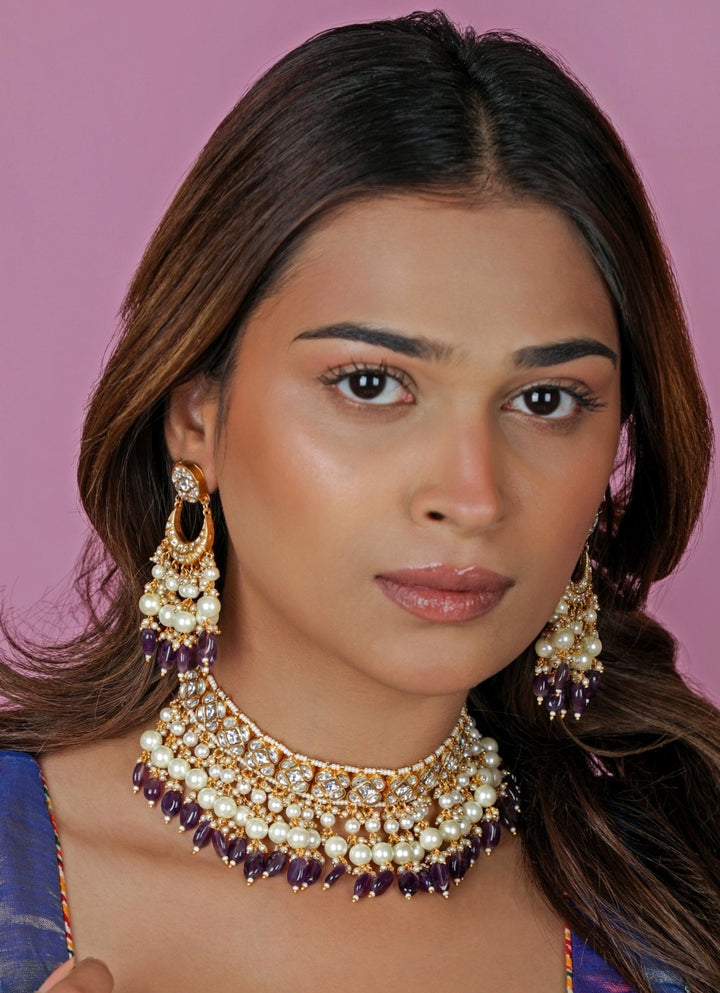 Riana Jewellery Purple Beaded Matte Gold Choker SetFabilicious Fashion