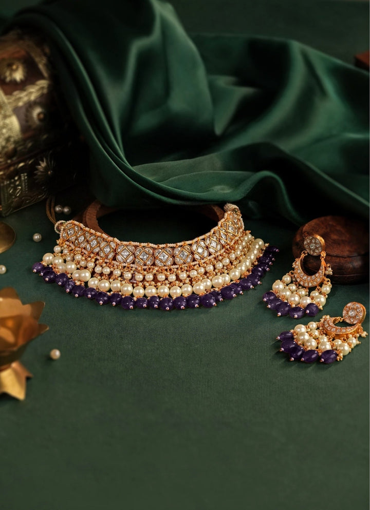 Riana Jewellery Purple Beaded Matte Gold Choker SetFabilicious Fashion
