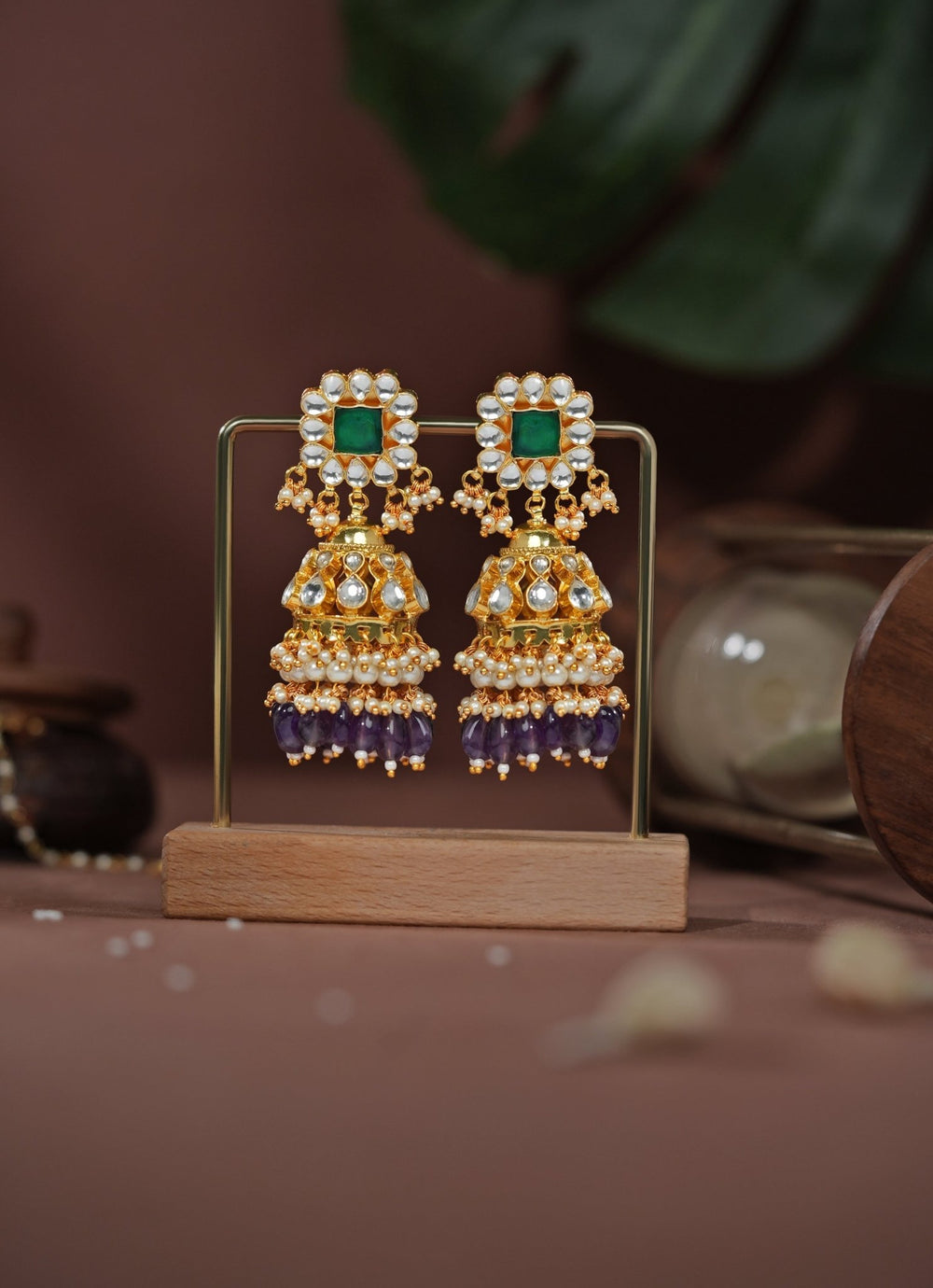 Purple Beaded Matte Gold Jhumki Earrings Riana Jewellery - Fabilicious Fashion