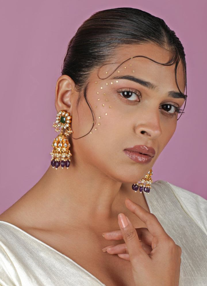 Purple Beaded Matte Gold Jhumki Earrings Riana Jewellery - Fabilicious Fashion