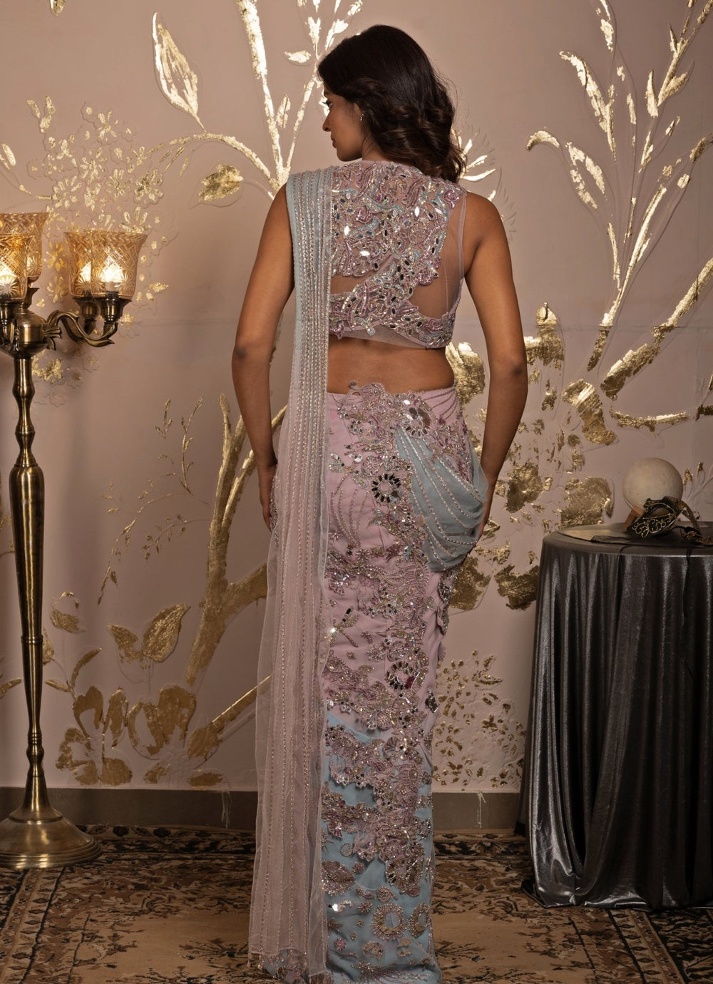 Purple & Blue Ombre Georgette Predraped Saree Set Moledro - Fabilicious Fashion