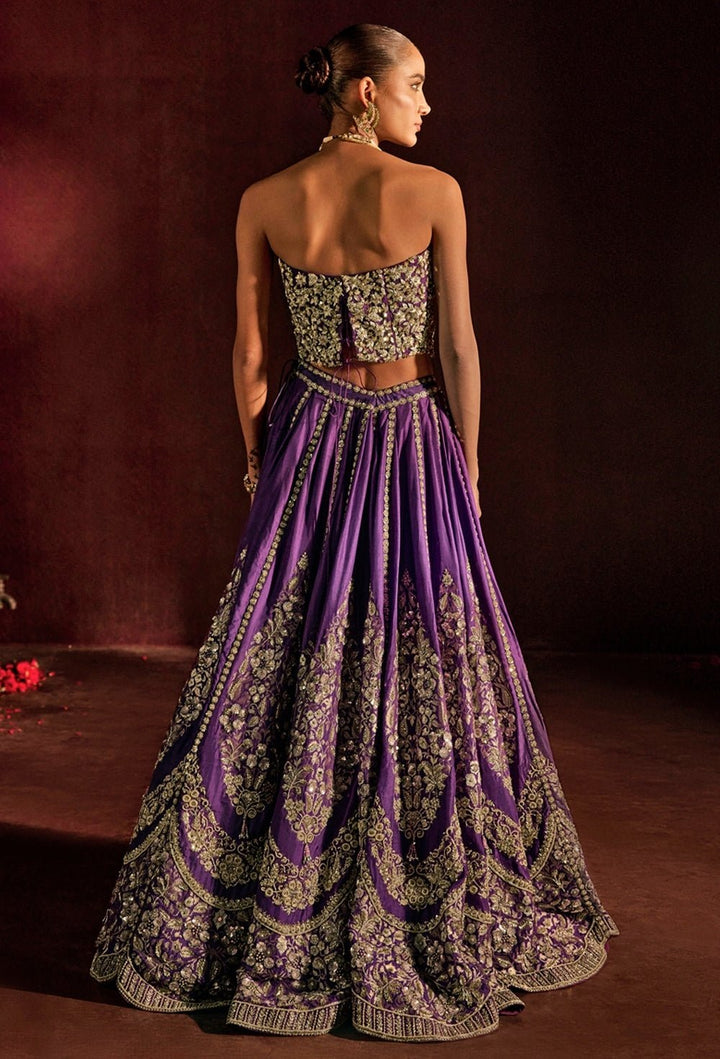 Purple Brocade Silk Corset Lehenga Set Prevasu - Fabilicious Fashion