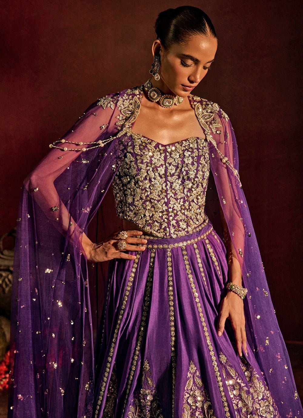 Purple Brocade Silk Corset Lehenga Set Prevasu - Fabilicious Fashion
