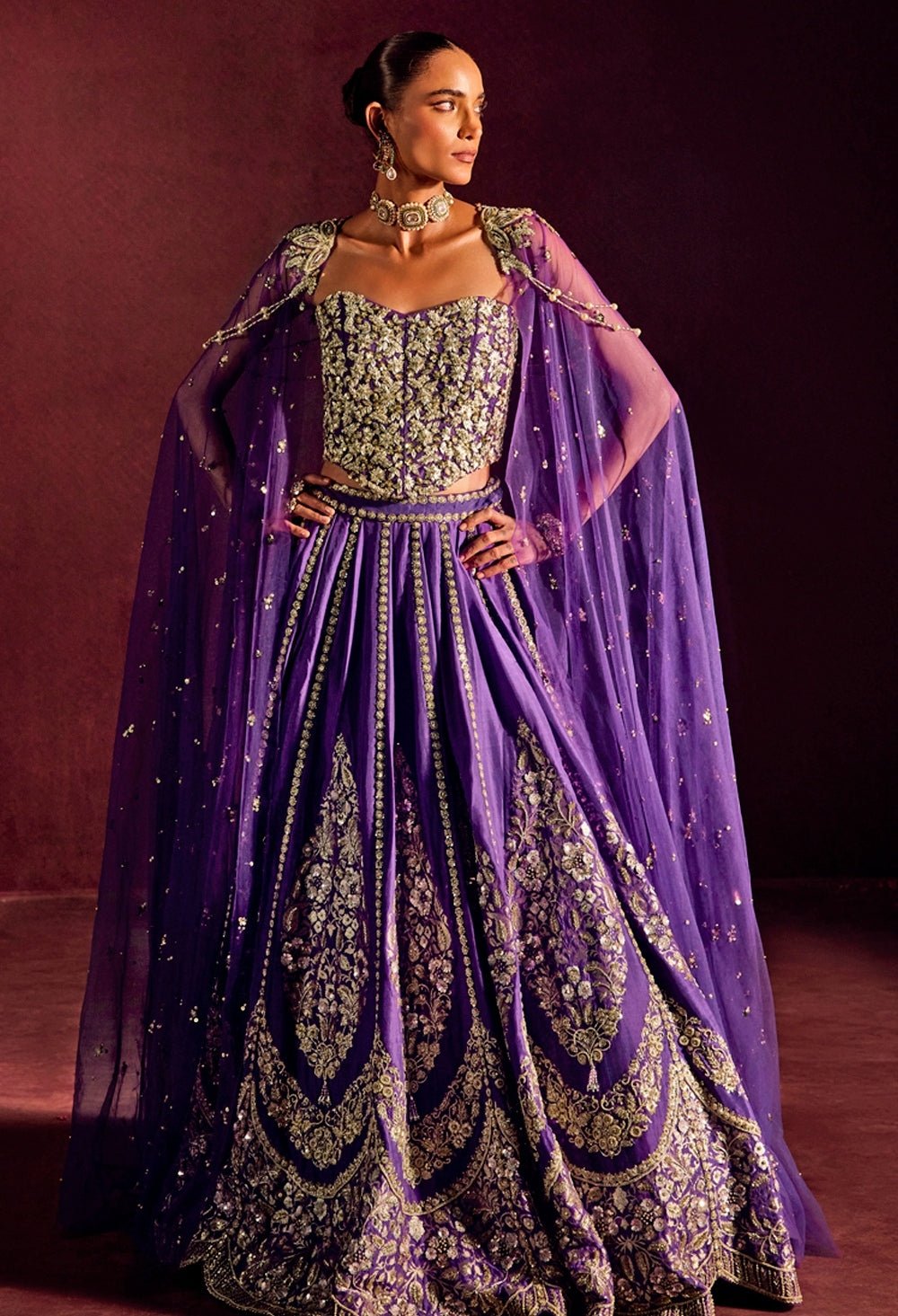 Purple Brocade Silk Corset Lehenga Set Prevasu - Fabilicious Fashion