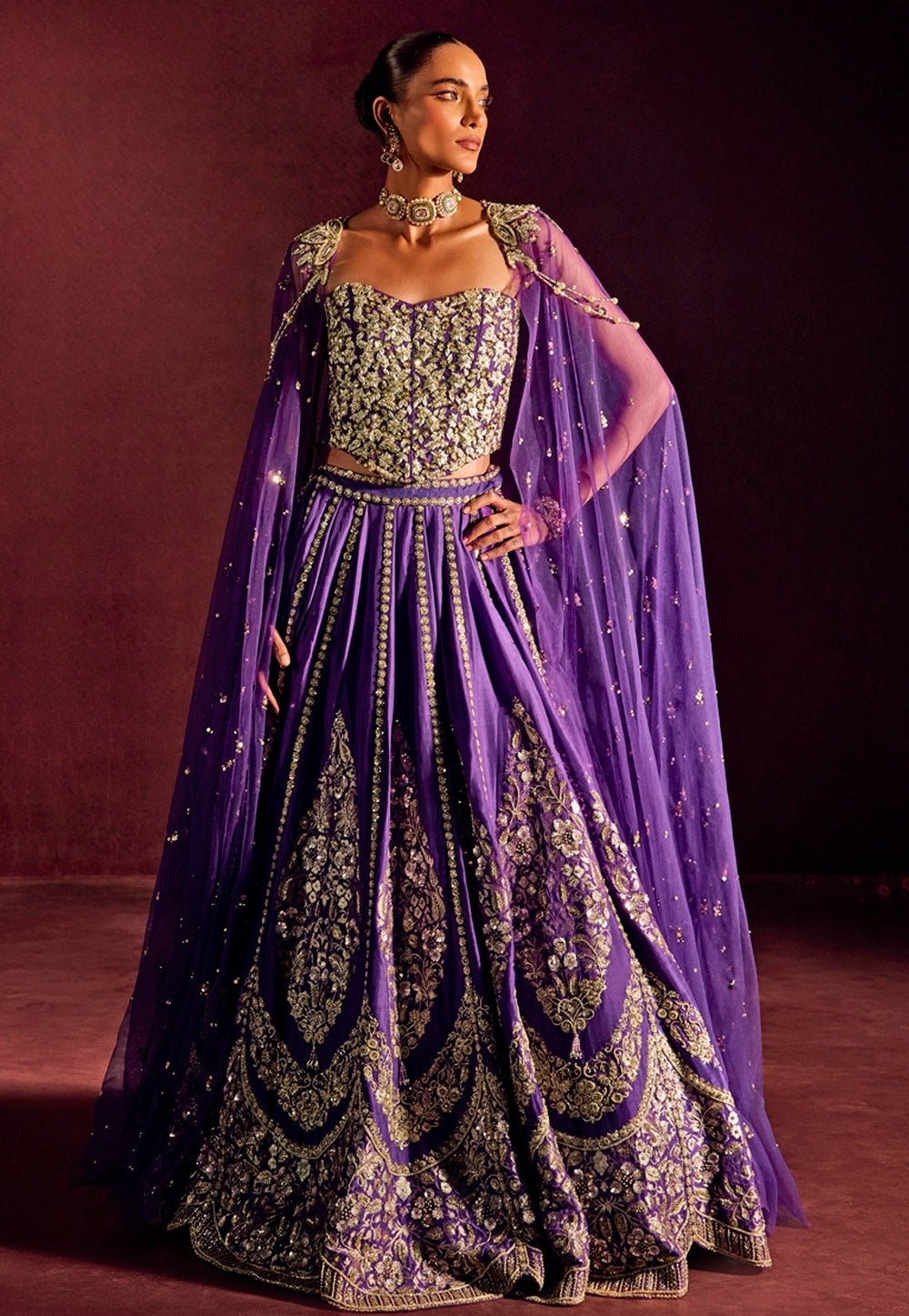 Purple Brocade Silk Corset Lehenga Set Prevasu - Fabilicious Fashion