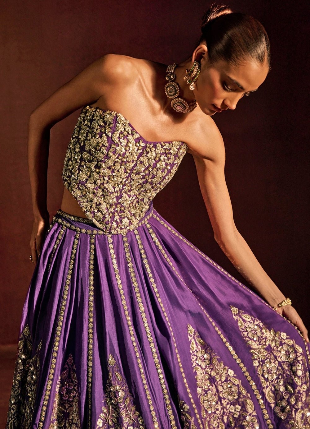 Purple Brocade Silk Corset Lehenga Set Prevasu - Fabilicious Fashion