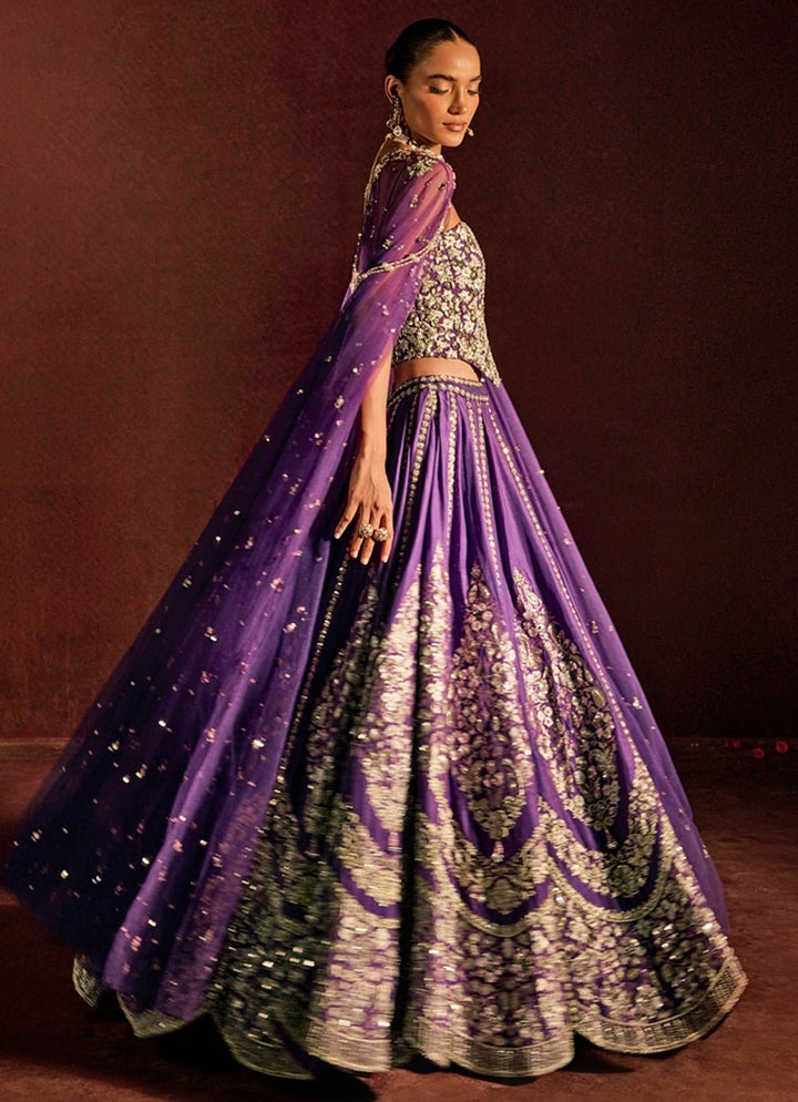 Purple Brocade Silk Corset Lehenga Set Prevasu - Fabilicious Fashion