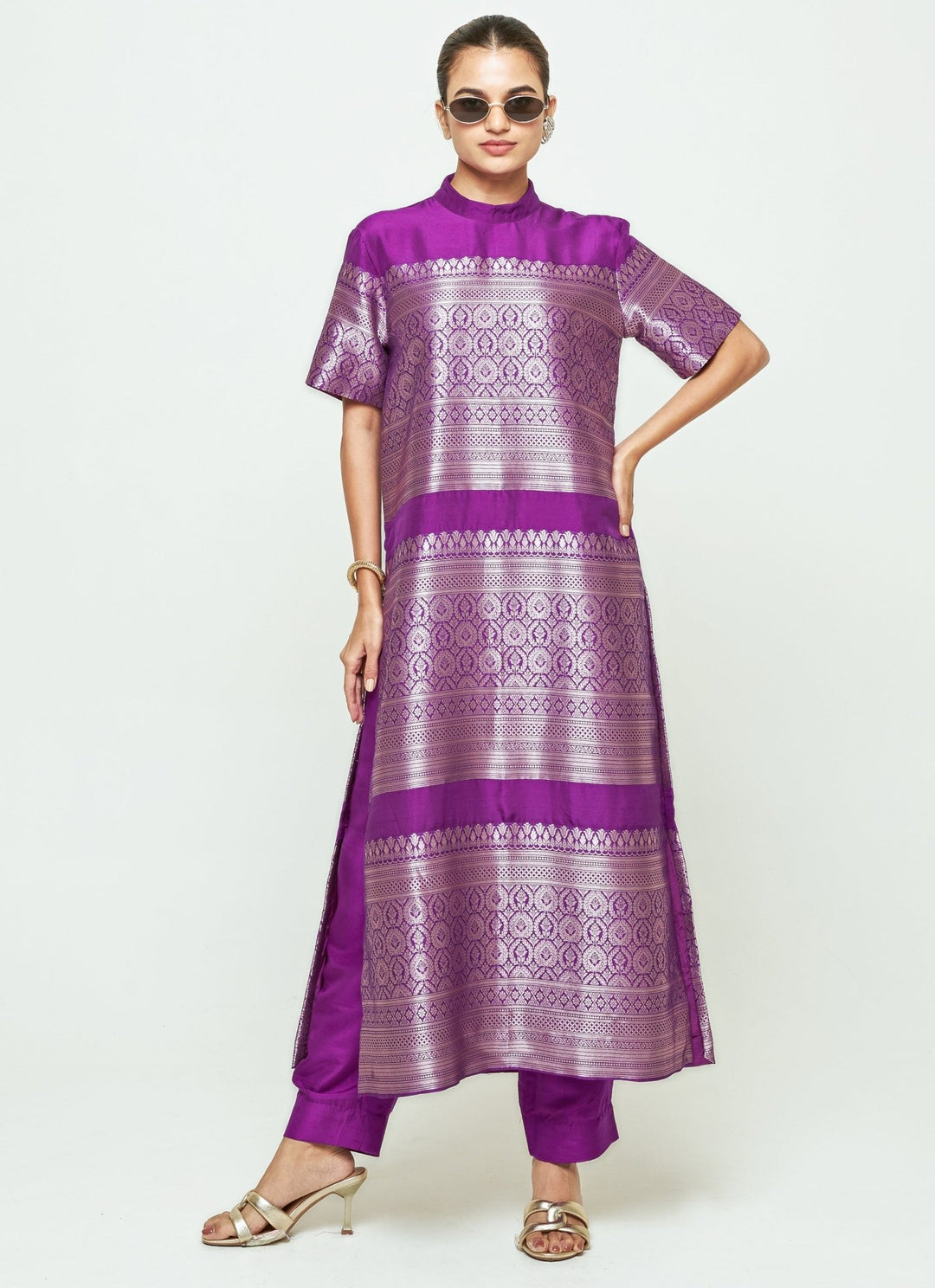 Sobariko Purple Brocade Silk High Neck Kurta Pants SetFabilicious Fashion