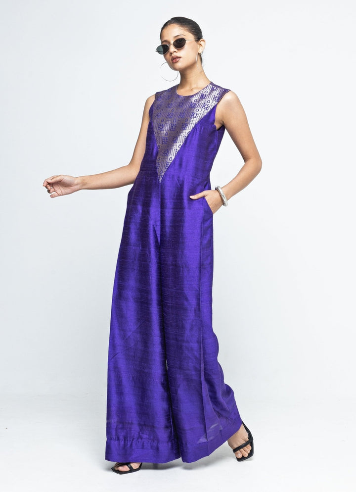 Purple Brocade Silk Jumpsuit Sobariko - Fabilicious Fashion