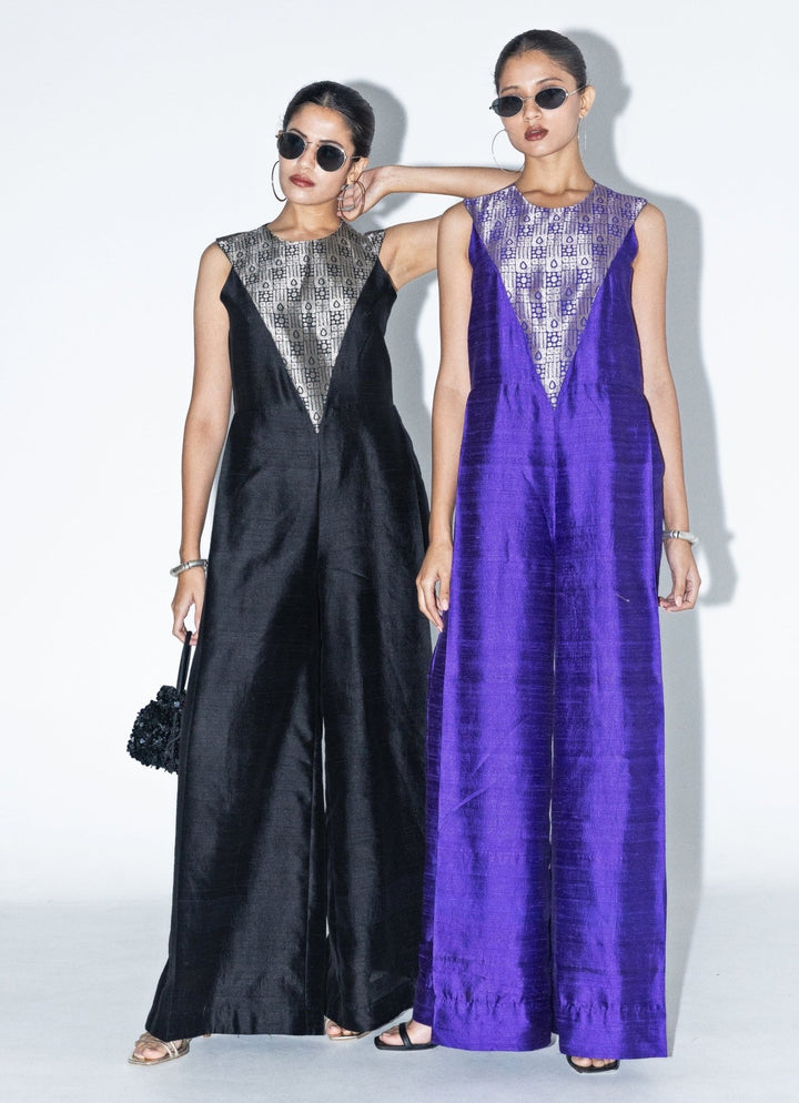 Purple Brocade Silk Jumpsuit Sobariko - Fabilicious Fashion