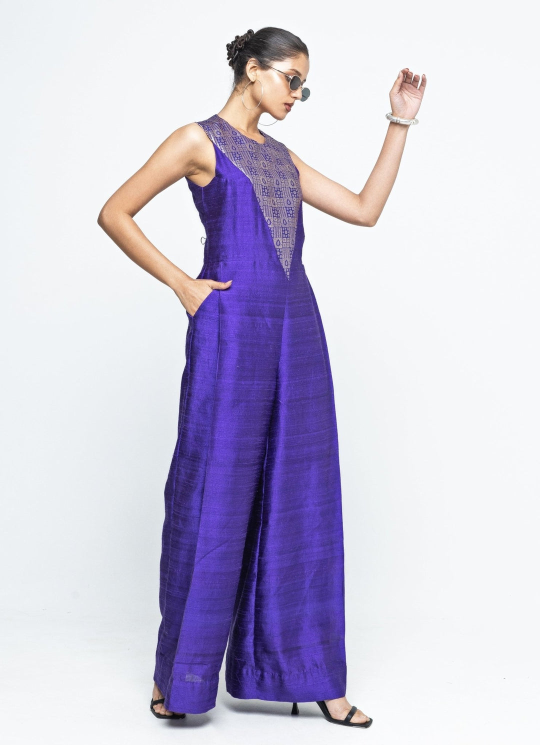 Purple Brocade Silk Jumpsuit Sobariko - Fabilicious Fashion