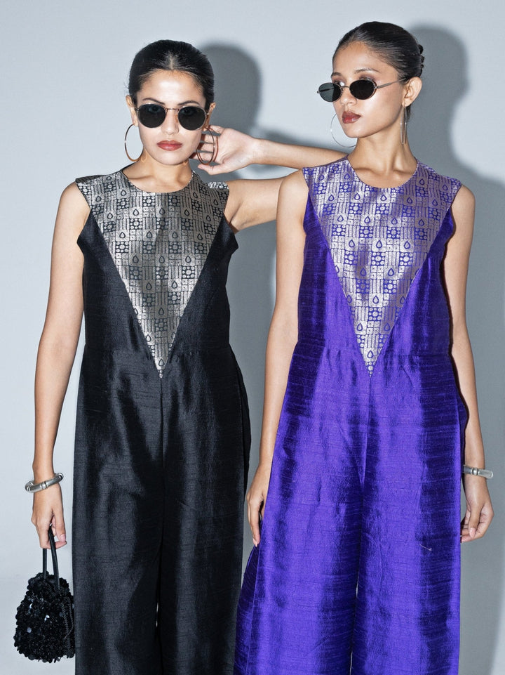 Purple Brocade Silk Jumpsuit Sobariko - Fabilicious Fashion