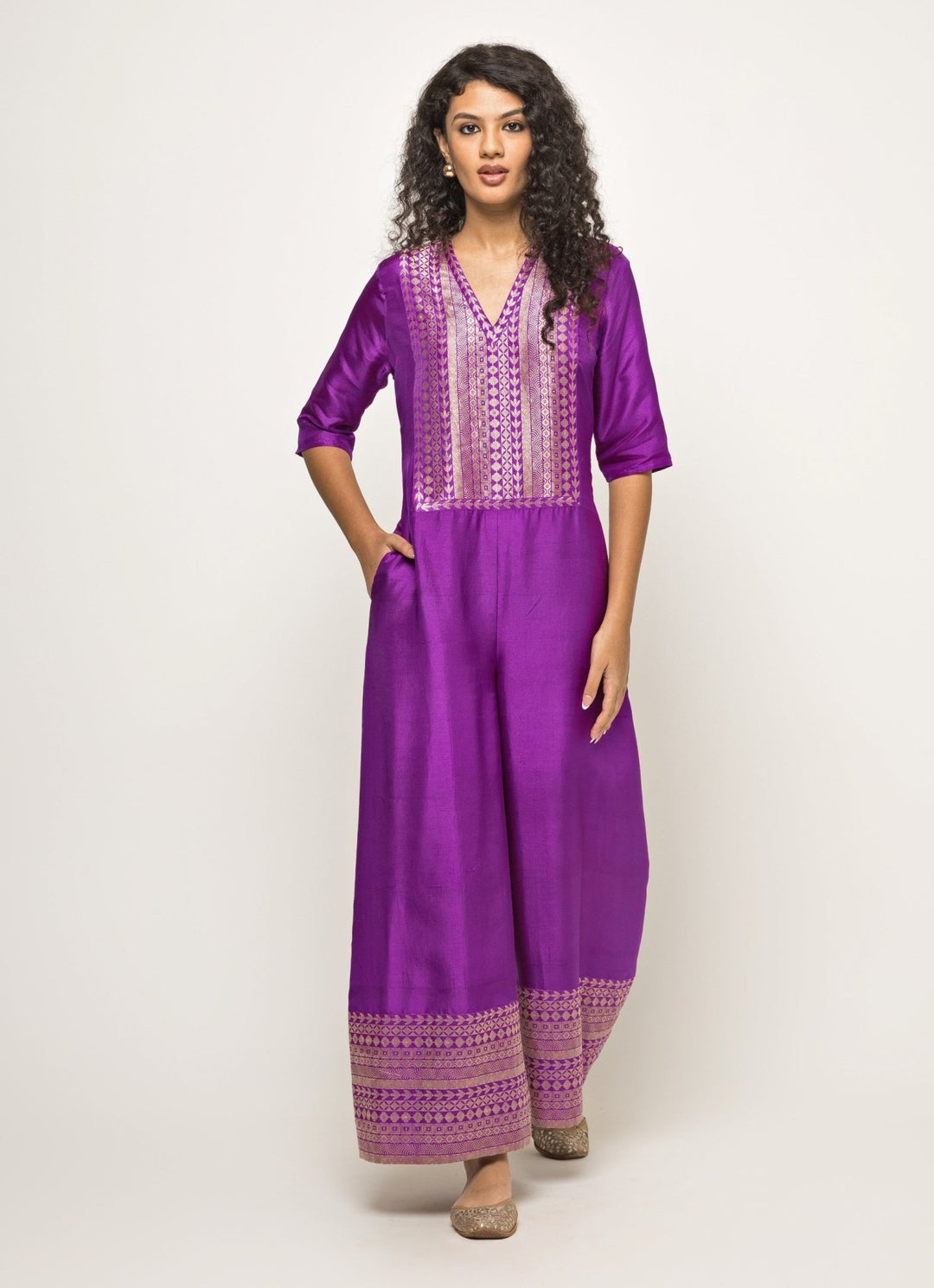 Purple Brocade Silk Jumpsuit Sobariko - Fabilicious Fashion