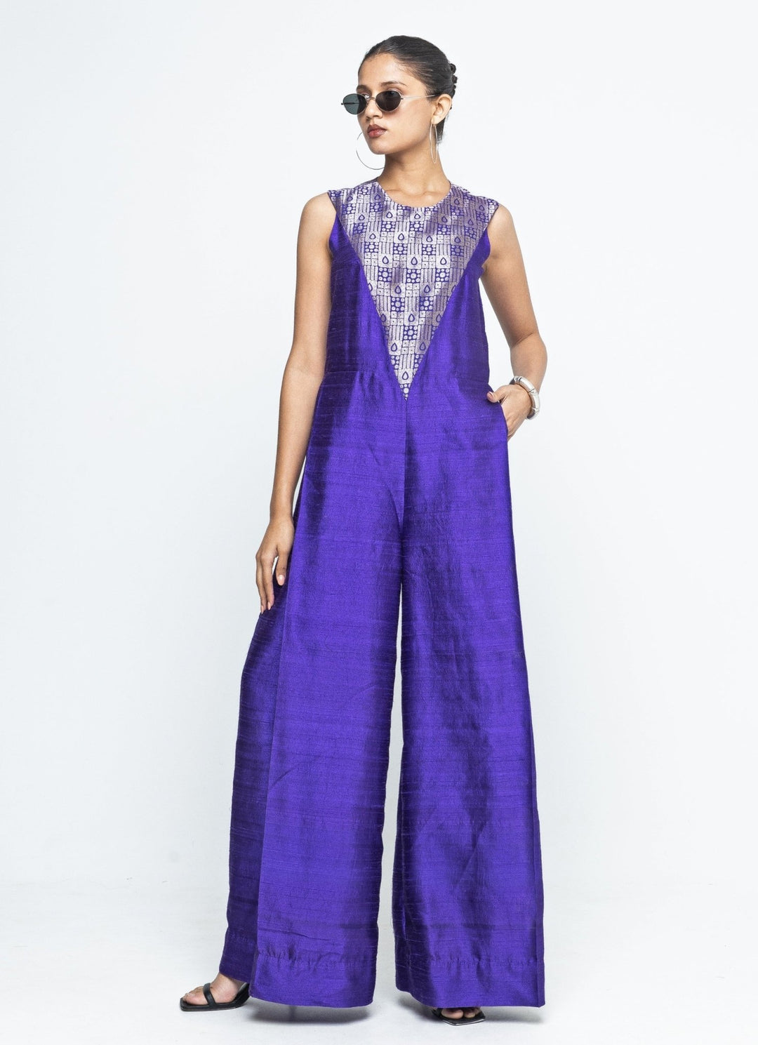 Purple Brocade Silk Jumpsuit Sobariko - Fabilicious Fashion