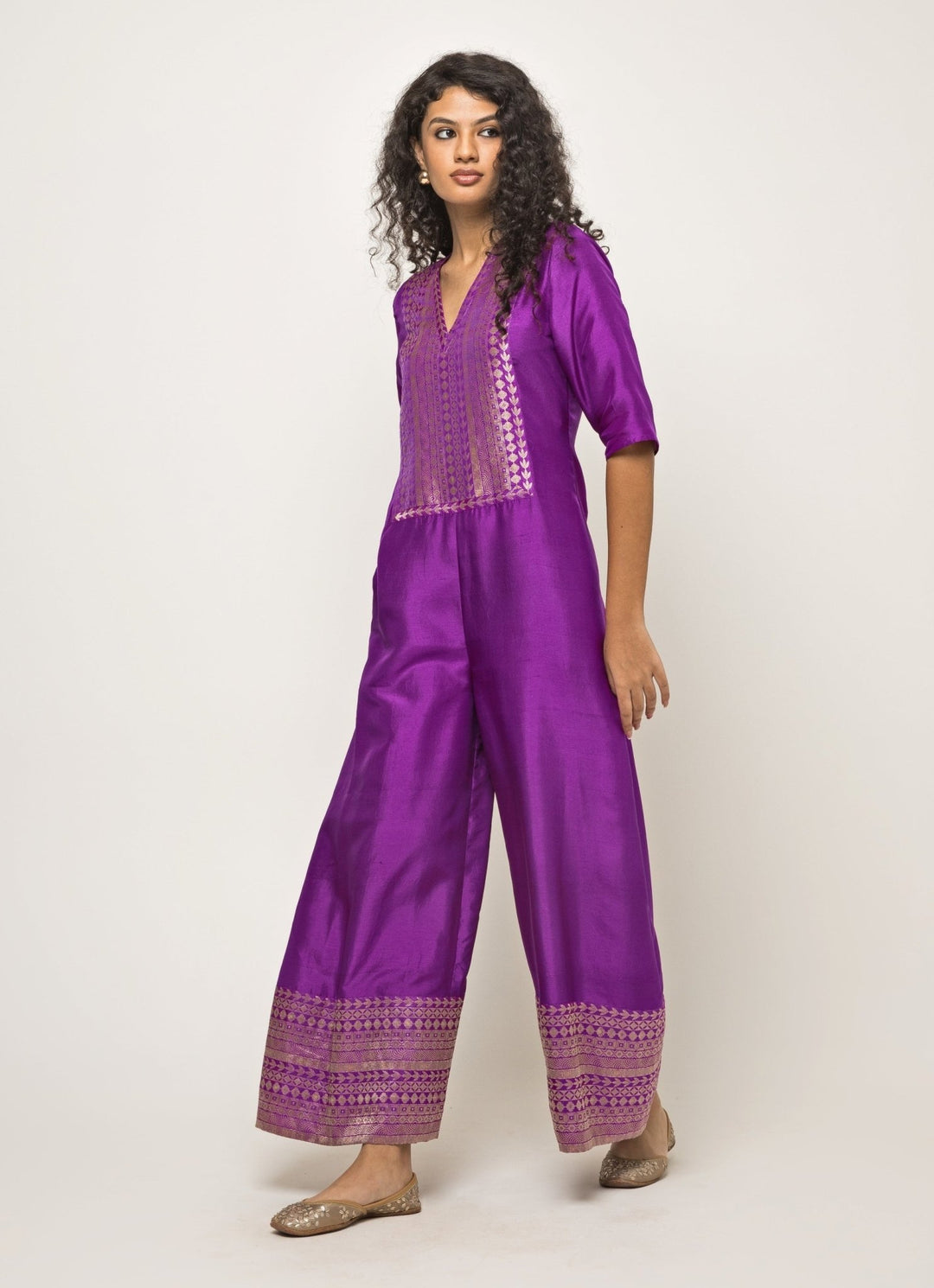 Purple Brocade Silk Jumpsuit Sobariko - Fabilicious Fashion
