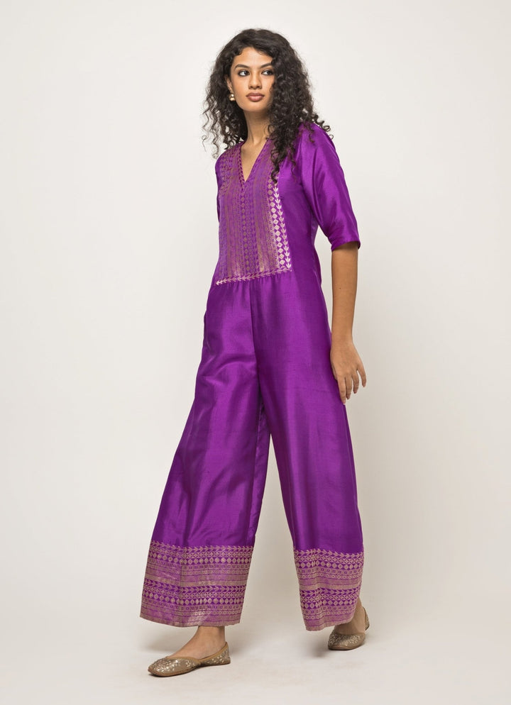 Purple Brocade Silk Jumpsuit Sobariko - Fabilicious Fashion