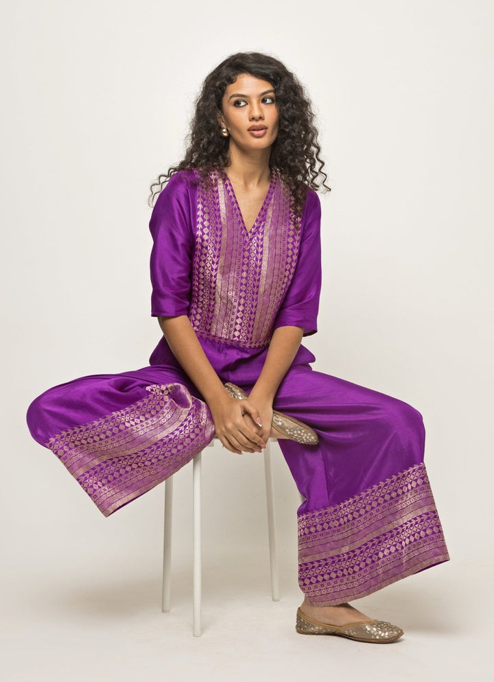 Purple Brocade Silk Jumpsuit Sobariko - Fabilicious Fashion