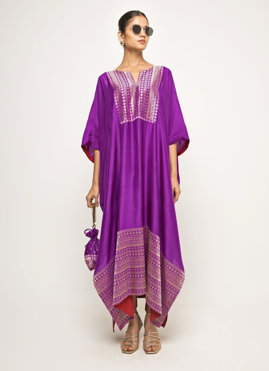 Purple Brocade Silk Kaftan Sobariko - Fabilicious Fashion