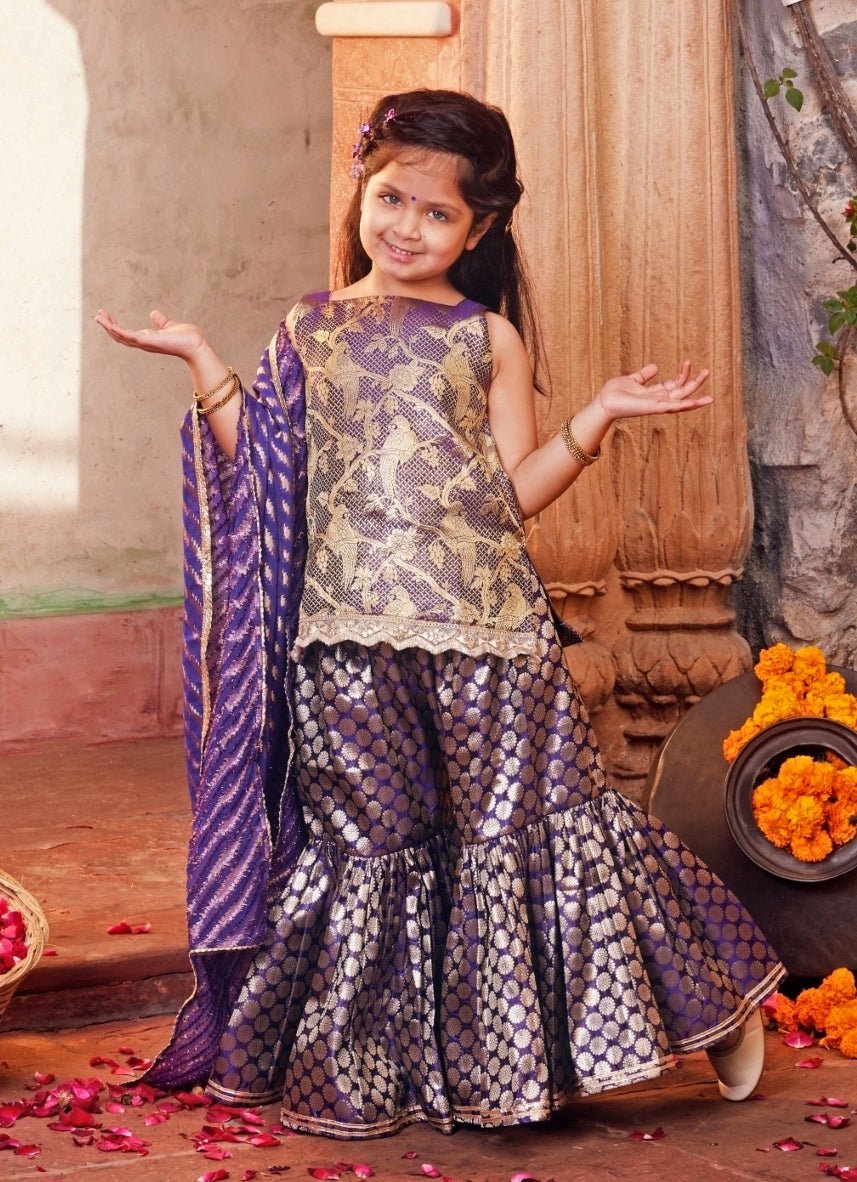 Purple Brocade Silk Kurta Sharara Set Chotibuti - Fabilicious Fashion