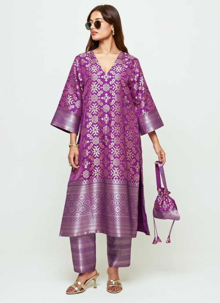 Sobariko Purple Brocade Silk Long Kurta Pants SetFabilicious Fashion
