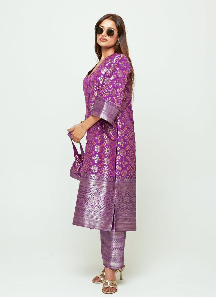Sobariko Purple Brocade Silk Long Kurta Pants SetFabilicious Fashion