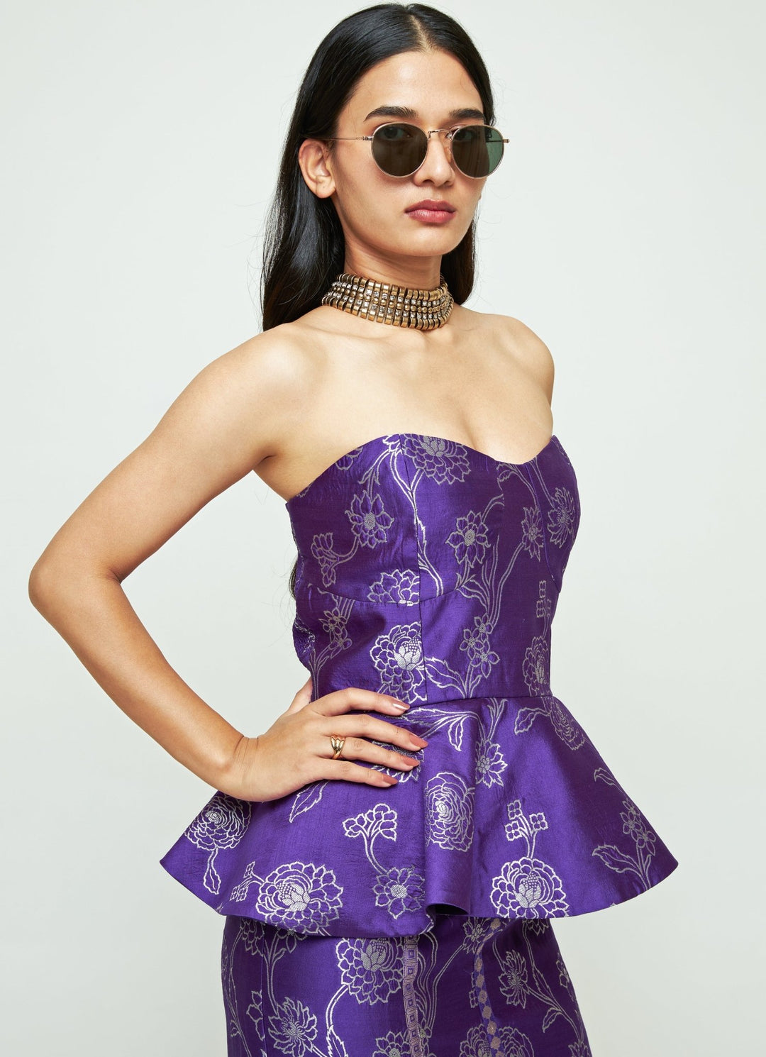 Sobariko Purple Brocade Silk Peplum Top With Slit Skirt SetFabilicious Fashion