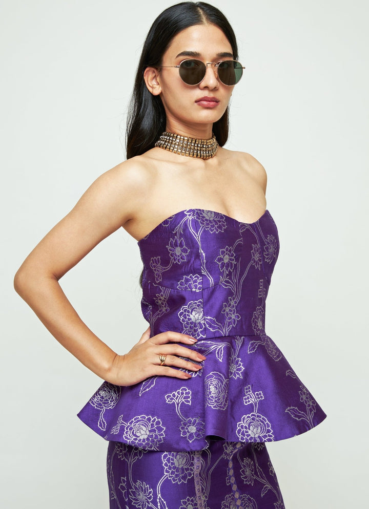 Sobariko Purple Brocade Silk Peplum Top With Slit Skirt SetFabilicious Fashion