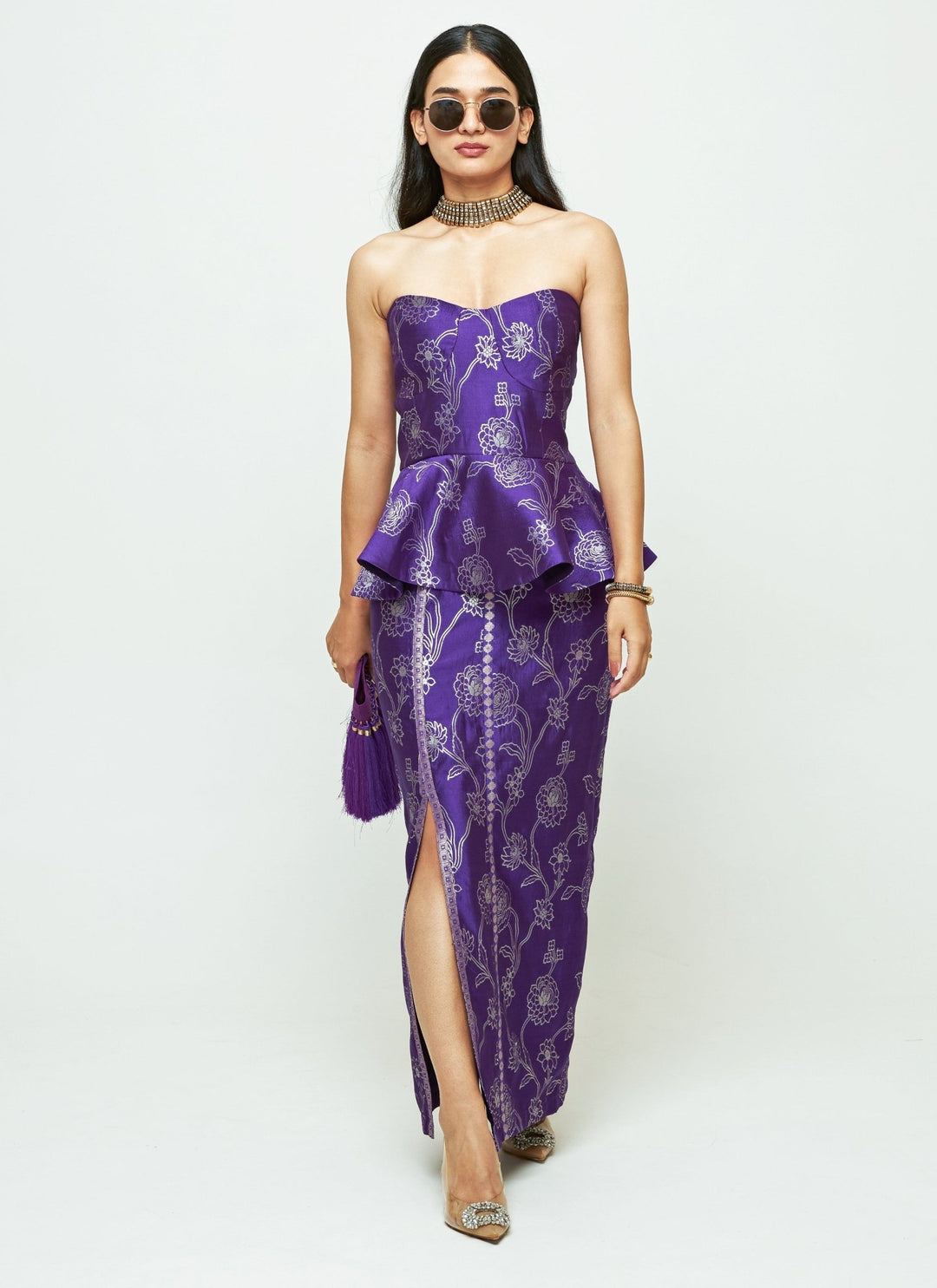 Sobariko Purple Brocade Silk Peplum Top With Slit Skirt SetFabilicious Fashion