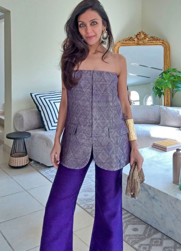 Purple Brocade Silk Tube Jacket With Pants Sobariko - Fabilicious Fashion