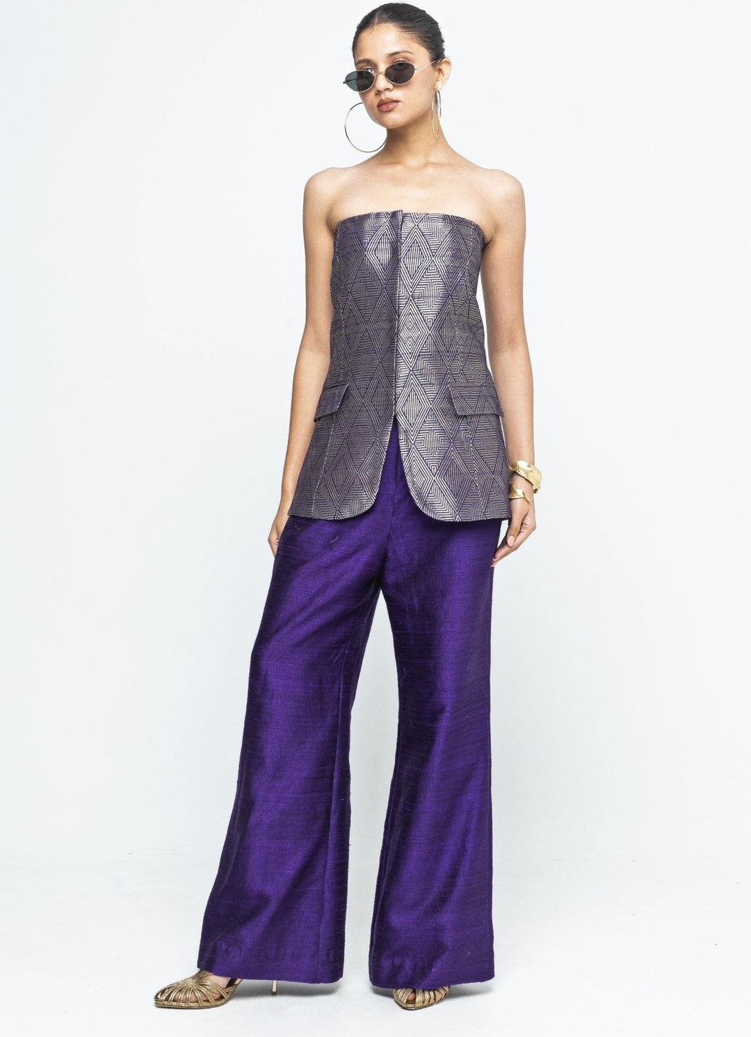 Purple Brocade Silk Tube Jacket With Pants Sobariko - Fabilicious Fashion