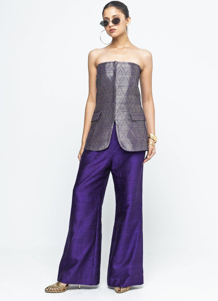 Purple Brocade Silk Tube Jacket With Pants Sobariko - Fabilicious Fashion