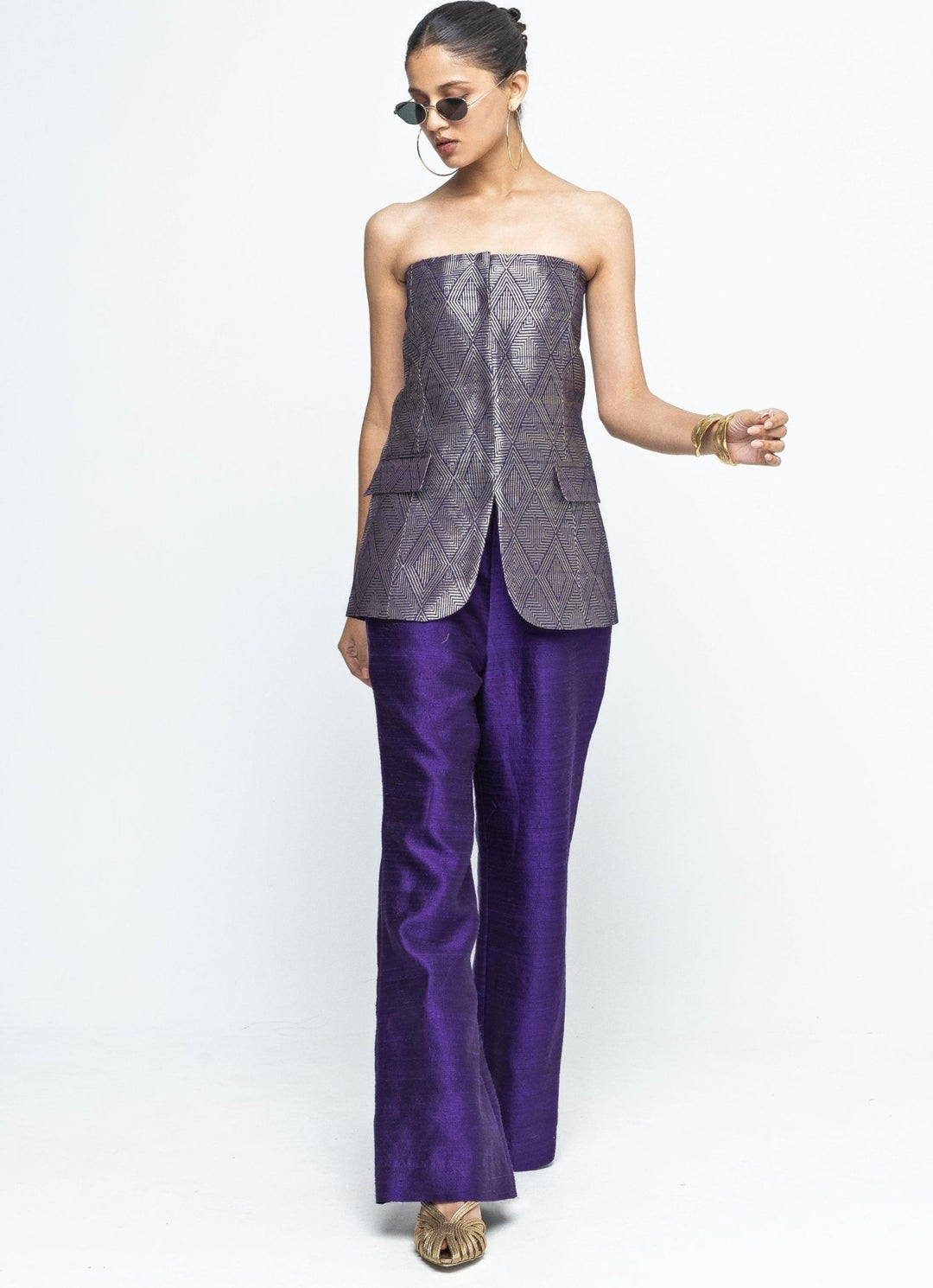 Purple Brocade Silk Tube Jacket With Pants Sobariko - Fabilicious Fashion