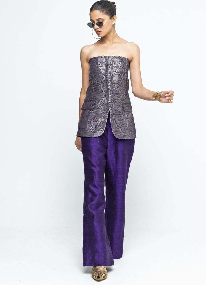Purple Brocade Silk Tube Jacket With Pants Sobariko - Fabilicious Fashion