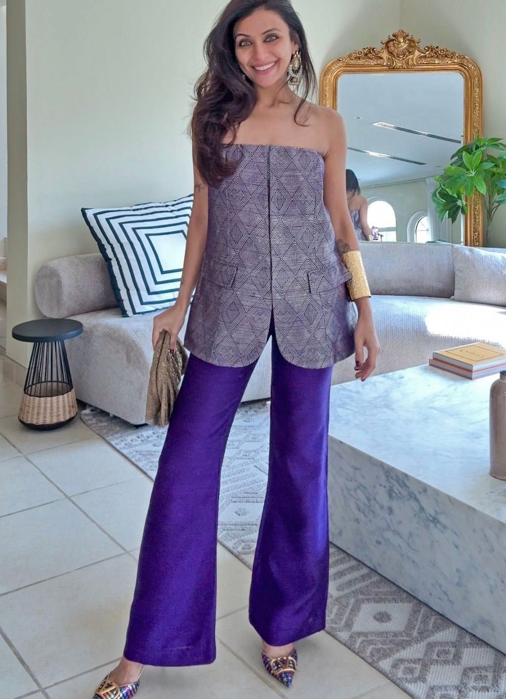 Purple Brocade Silk Tube Jacket With Pants Sobariko - Fabilicious Fashion