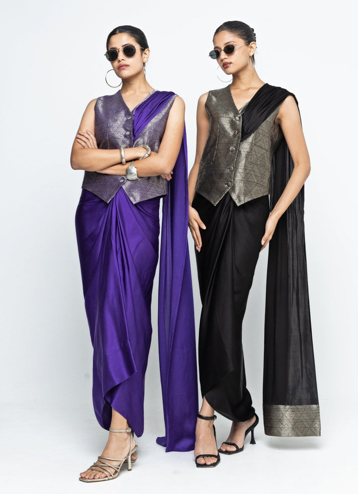 Purple Brocade Silk Waistcoat Set With Detachable Pallu Sobariko - Fabilicious Fashion