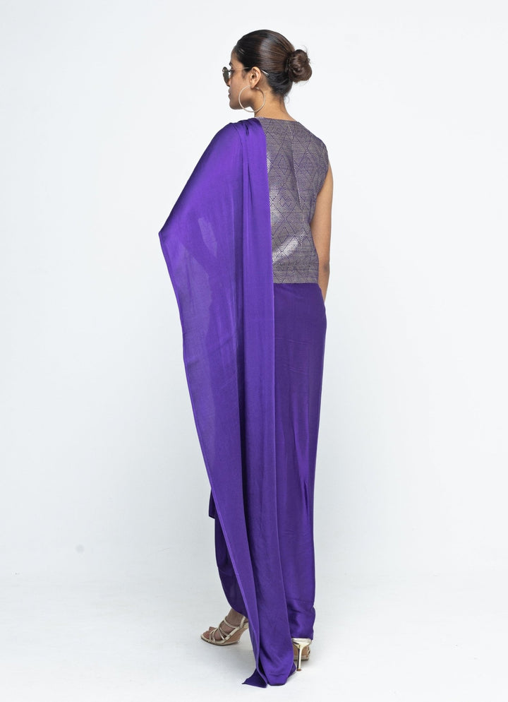 Purple Brocade Silk Waistcoat Set With Detachable Pallu Sobariko - Fabilicious Fashion