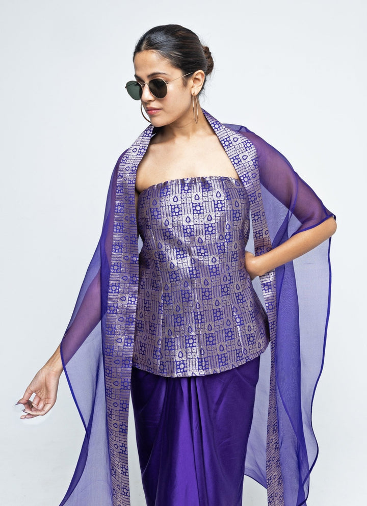 Purple Brocade Tube Top With Drape Skirt Sobariko - Fabilicious Fashion