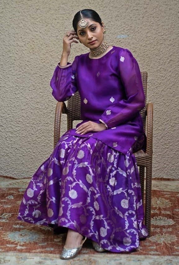 Purple Butti Silk Kurta Sharara Set Sobariko - Fabilicious Fashion