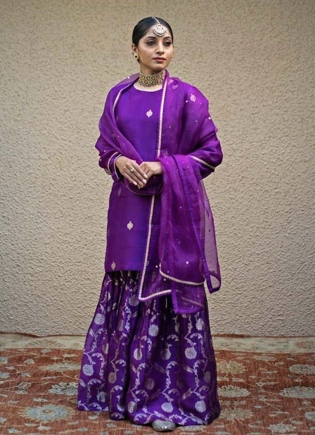 Purple Butti Silk Kurta Sharara Set Sobariko - Fabilicious Fashion