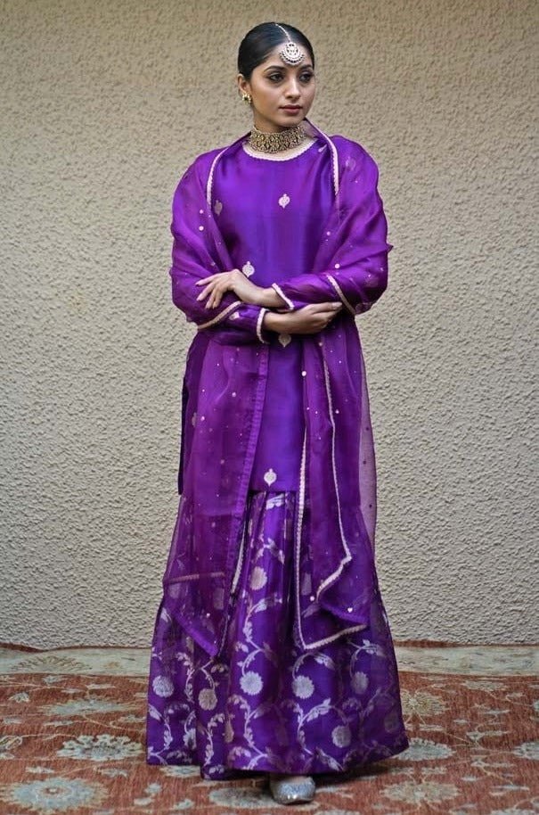 Purple Butti Silk Kurta Sharara Set Sobariko - Fabilicious Fashion